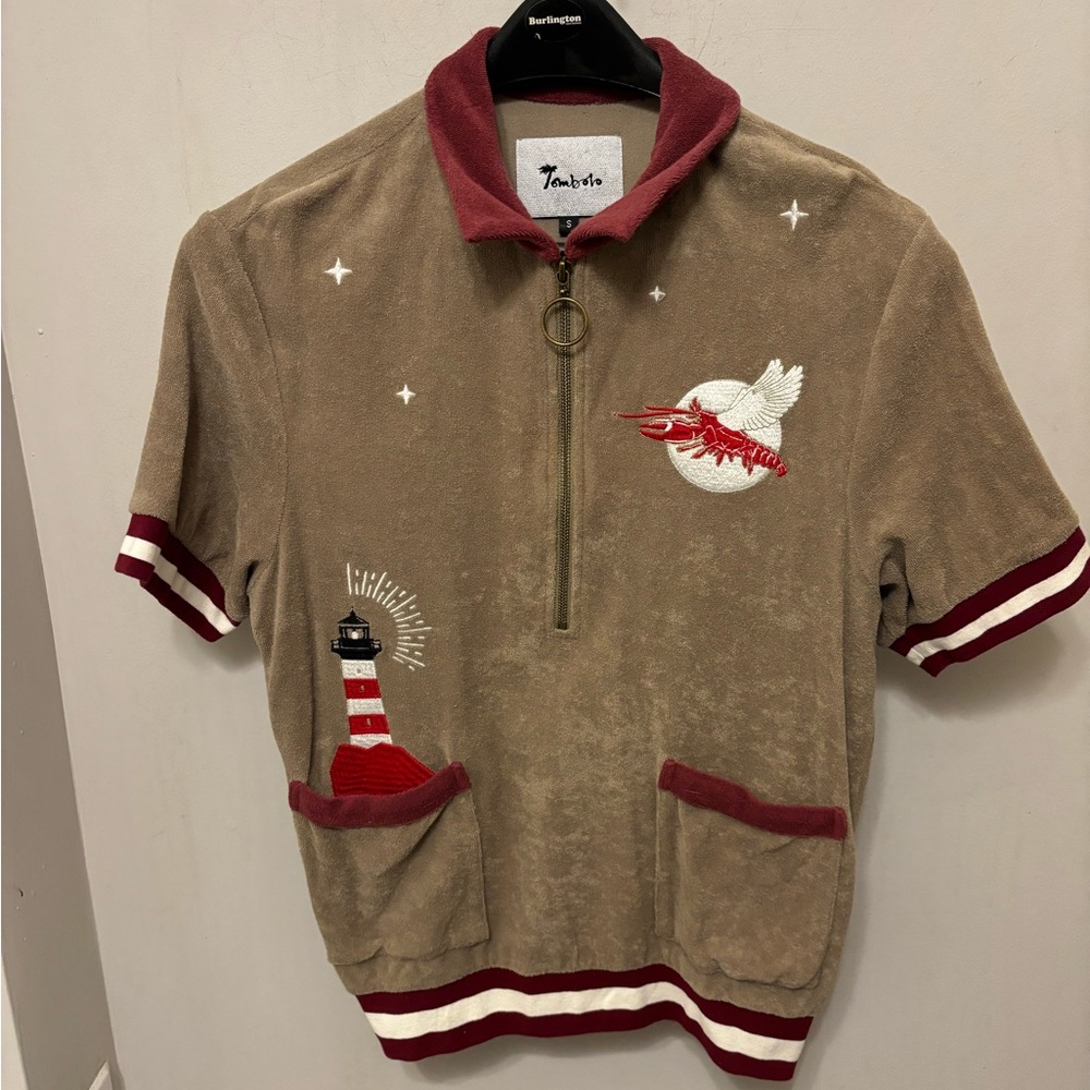 Tombolo ‘Shell Or High Water’ Cabana Shirt Size Small Terry Cloth Lobster Tan
